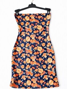 Floral Strapless Navy and Orange Bodycon Dress